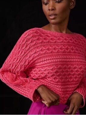 PILCRO Anthropologie Fisherman Cable Knit Cropped Sweater, BNWT 100% Cotton, Med